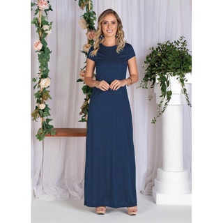 vestido longo evangélico feminino soltinho de manga curta lisa azul marinho