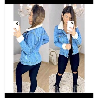 jaqueta jeans feminina com pelinho manga e gola moda