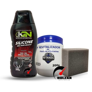 Silicone em Gel Perfumado SPORT KN Automotivos + Revitalizador de Plásticos e Borrachas Gitanes Kit Interno e Externo + Esponja