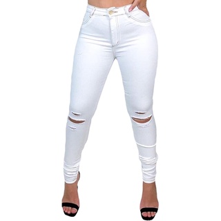 Calça Carmen Jeans Cristal Off White Rasgada Cintura Alta com Lycra 13