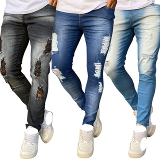 Kit 3 Calça Jeans Masculina Rasgada Skinny Com Lycra