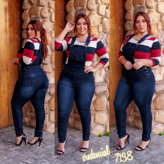 Macacão Jeans Plus Size Feminino com Lycra Elastano Alta Qualidade Jardineira Suspensório Tamanho Grande Moda Premium