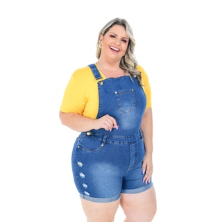 Jardineira Macaquinho Feminino Jeans Plus Size Lycra