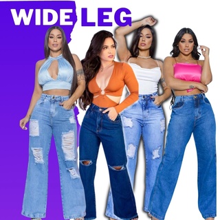 Calça Wide Leg Feminina -100% jeans- Cintura Alta -