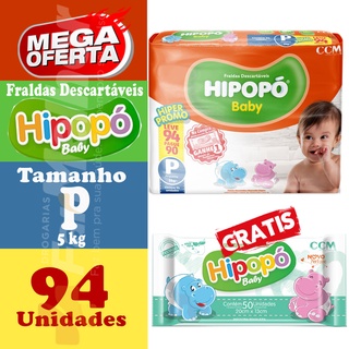 Fralda Hipopó Baby Hiper P 94 Unidades Grátis 1 Pacote Toalhinhas Umedecidas 50 Unidades
