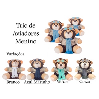 Trio de Ursinhos Aviador Urso Pelúcia Para Decoração Nicho Azul Bebê, Azul Marinho, Branco, Verde Trio de Ursos