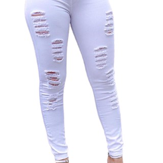 Calça Jeans Skynni Branca Rasgada feminina cintura alta