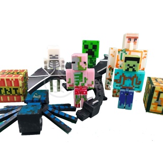 Kit Cartelado Conjunto Minecraft 2 Bonecos + 1 Villager + 1 Enderman + 1 Creeper + 1 Cama + Espadas 10