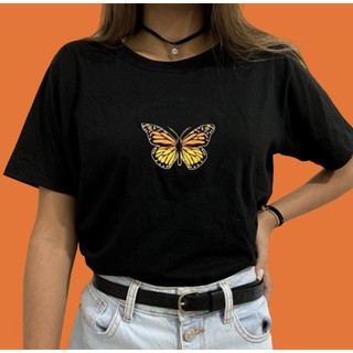 Camiseta t-shirt "borboleta" laranja e azul bordada