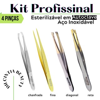 Kit c/ 4un Pinças Profissional Ponta Fina Reta Chanfrada E Diagonal Dilcintia Esterilizável Em Autoclave Aço Inox