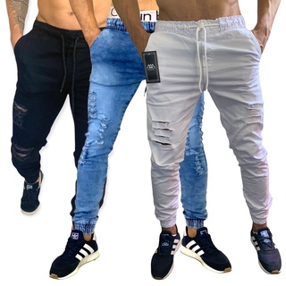3 Calças Jeans Masculina Jogger C/ Punho Elastico