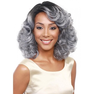 Peruca curta 45cm feminina cabelo encaracolado peruca de fibra química cinza touca feminina