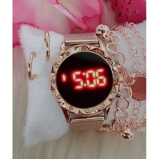 Conjunto Kit Relógios de Pulso Feminino Pulseiras e Brincos Luxo Display Led Sport Watch (1)