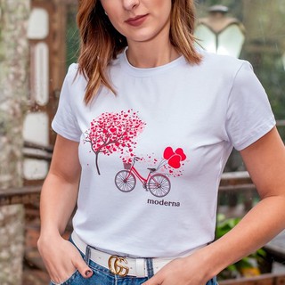 Blusa T-shirt Camiseta Branca Feminina Estampada - Bicicleta Coração