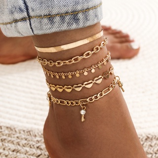 BENE 5 Pieces Set Wafer Serpentine Anklets for Women Punk Hollow Heart Tassel Anklets Simple and Fashionable Summer Accessories