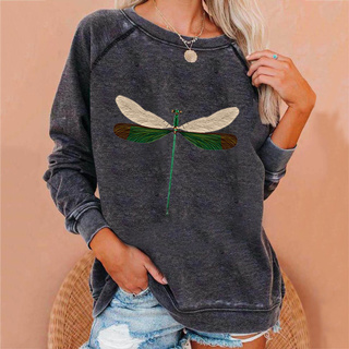 [CHERISP] Women's Insect Printed O Neck Sweater Long Sleeve Casual Blouse Top