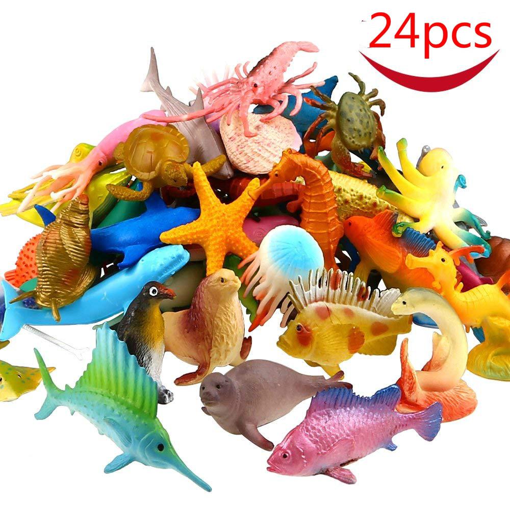 24 Pcs Oceano Mar Brinquedo De Plástico Animal Conjunto A Vida Do Mar Figura Brinquedo De Banho Para A Criança Festa Educacional Bolo Cupcake Topper
