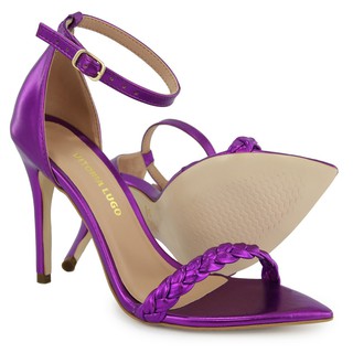 Sandalia feminina salto alto violeta bico fino trança