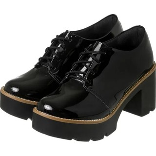 Sapato Oxford Feminino Salto Tratorado Liso Preto Verniz (1)