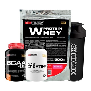 Kit Whey Protein 500g, BCAA 4,5 100g, Power Creatine 100g, Coqueteleira – Bodybuilders (9)