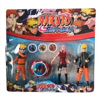 Brinquedo Naruto 3 Bonecos Led 14cm E Lançador De Discos De Pulso Lindo