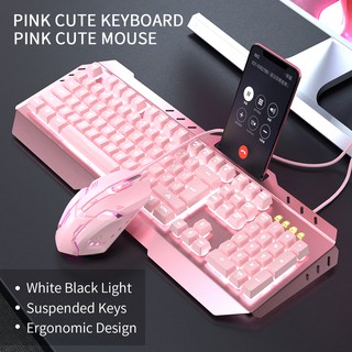 Kit Teclado E Mouse Gamer Semi Mecânico Rosa Fofo Feminino Usb Com Fio De Pc Computador (1)