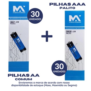 Pilha AAA Palito + Pilha AA Comum (30 Unidades de Cada)