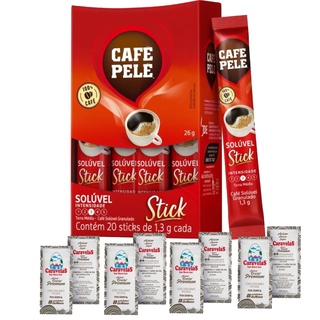 Kit 40 Sachês de Café Pelé Solúvel com 1,3g cada e 40 Sachês de Açúcar Premium Caravelas com 5g cada