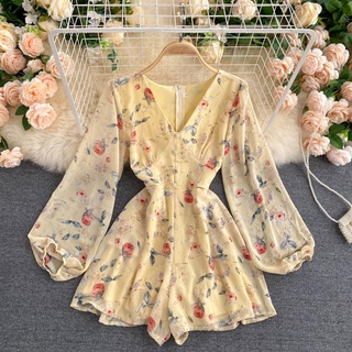 Women's French-Style Vintage Floral Print Jumpsuit V-neck Puff Sleeve Waist Hugging Slimming All-match Casual Playsuits