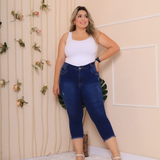 Calça Jeans Capri Plus Size Feminina Com Lycra (Elastano) Cintura Alta Tamanho Grande Empina Bumbum Moda Premium Alta Qualidade