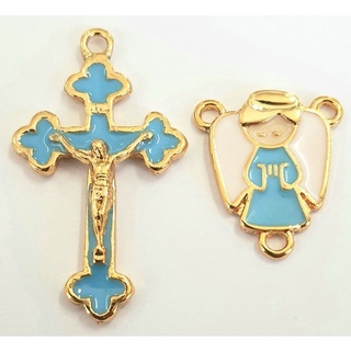 Kit 5 Entremeios Anjinho Azul +5 Crucifixos Azul Com Dourado