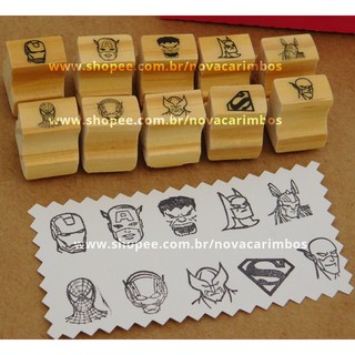 Kit Super Heróis - Kit com 10 carimbos em uma caixinha de mdf - tam. aprox. 1,5x1,5cm - são 10 super-heróis!!