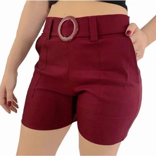Short Feminino Cintura Alta Shorts curto com Bolso e fivela Moda Verao (2)