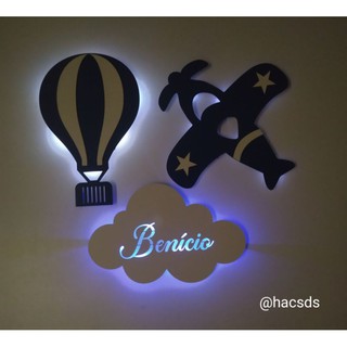 kit luminária com led avião, balão e nuvem com o nome presonalizado menino - decoração quarto infantil
