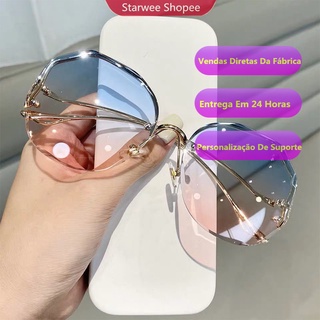 【Preço De Fábrica】Moda óculos de sol gradiente de chá feminino oceano água corte lente aparada metal templos curvos óculos de sol feminino UV400