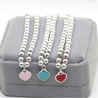 S925 Sterling Silver Round Bead Hand Bead Enamel Peach Heart Love Heart-shaped Female Silver Jewelry Bracelet