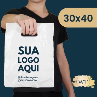 Sacolas Plásticas 30x40 Personalizadas Com Logo p/ lojas Alça Vazada/Boca de Palhaço