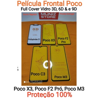 Películas Pocophone F1, Poco F2 Pró, Poco F3, Poco C3, Poco M3, Poco X3 India/ NFC/ Pro, Poco M3 Pro - Full Cover Vidro 3D - 6D - 9D