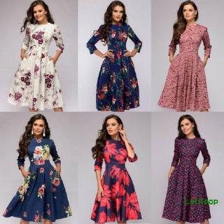 ❄❅❆Women Long Sleeve Floral Printed Tunic Fit Midi Dress