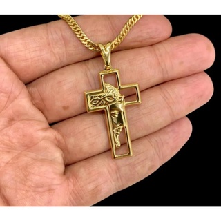 Corrente Cordão Grumet Escama aço inox Banhado A Ouro 18k + Pingente Cruz rosto de Cristo 60 e 70cm