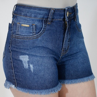 Shorts Jeans Imporium Feminino Cós Alto Cintura Alta com Puídos e Barra Desfiada