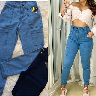 calça jeans feminino modelo cargo,cintura alta tem elastano