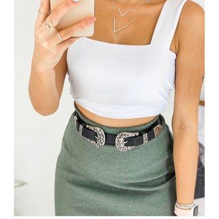 Cropped feminino faixa decote reto alça larga tecido com elastano tendência moda blogueira