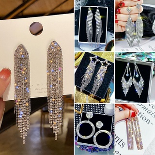 Long Heart Crystal Tassel Earrings Drop Rhinestone Dangle Womens Party Jewelry