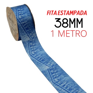 Fita De Gorgurão 38mm Estampada 1 Metro | Bolso Jeans Claro