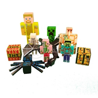 Kit Cartelado Conjunto Minecraft 2 Bonecos + 1 Villager + 1 Enderman + 1 Creeper + 1 Cama + Espadas 6