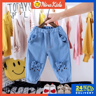 Calça jeans infantil bebe casual coreana com laço de gato para roupas femininas infantil recém nascido 0-4 anos