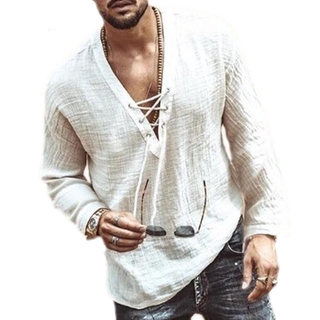 🔥Entrega em 24 horas🔥Camiseta masculina casual retro com decote em V Camiseta casual solta Camiseta Top camisa com cordão (2)