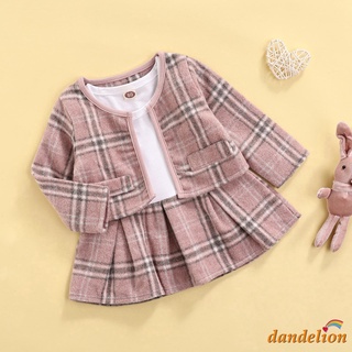 Dandelion- Conjunto De Vestido Infantil Feminino + Jaqueta Xadrez Com Gola Redonda E Manga Comprida