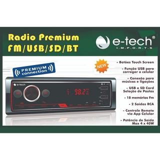 Radio Touch Bluetooth BT 4x45rms Som Automotivo Carro Mp3 E-tech Premium com 2 Usb (1 pra carregar celular) Sd Card fac